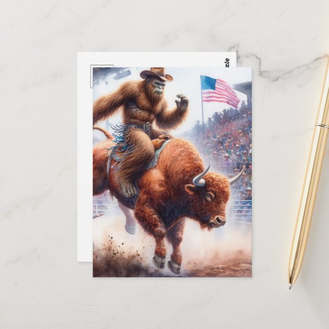 Sasquatch rides a rodeo bull fantasy art postcard (Front/Back In Situ)