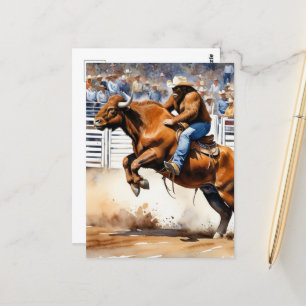 Sasquatch Rides Brown Bull in Rodeo Watercolor Postcard