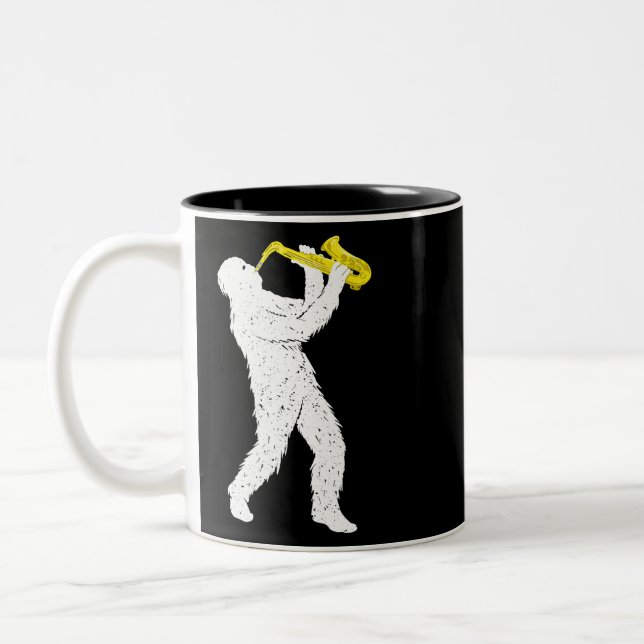 Sasquatch Saxophone Player Saxophonist Jazz Brass  Two-Tone Coffee Mug (Left)