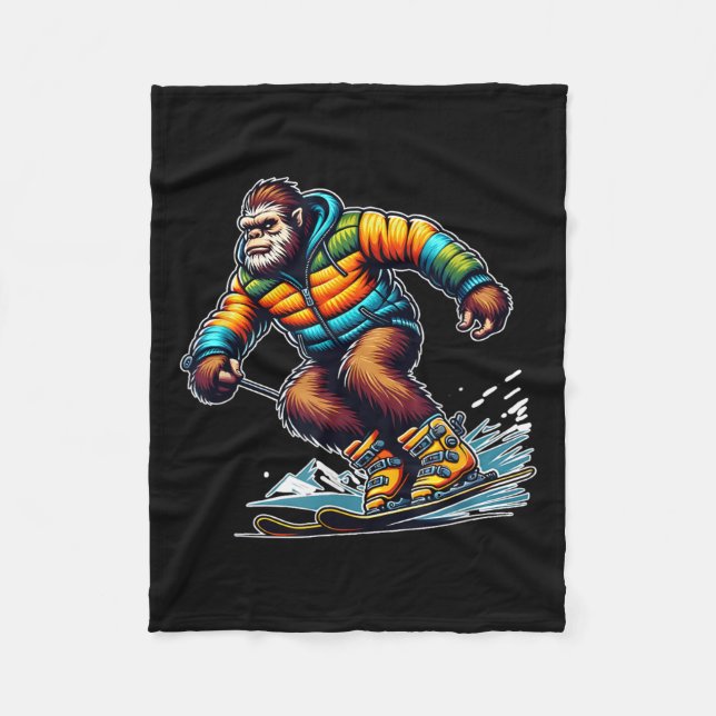 Sasquatch Ski Adventure Bigfoot Winter Fun  Fleece Blanket (Front)