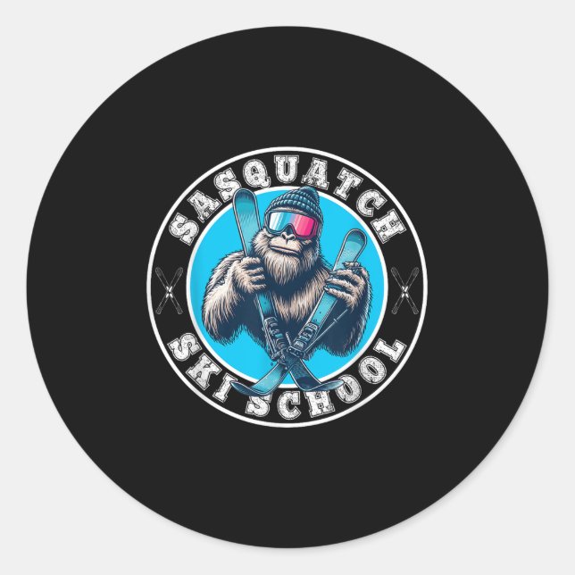 Sasquatch Ski School Funny Bigfoot Skiing  Classic Round Sticker (Front)