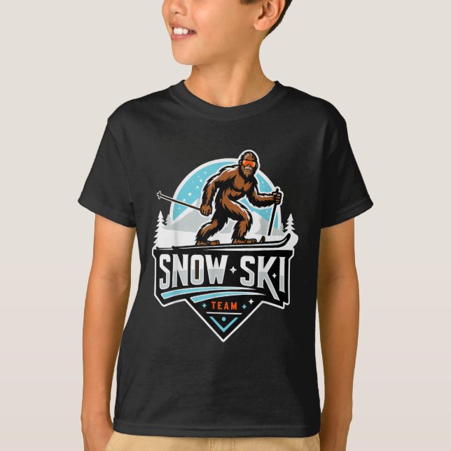Sasquatch Snow Ski Team Snow Skiing Bigfoot Cartoo T-Shirt (Front)