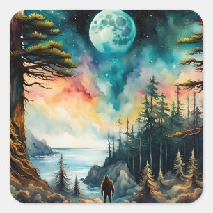Sasquatch Standing on Ridge over an Ocean Bay Square Sticker