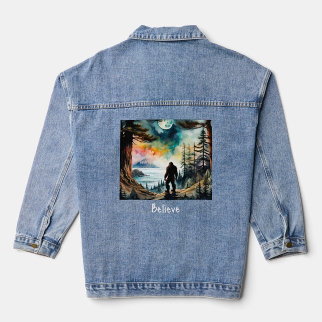 Sasquatch Standing on Ridge overlooking the Ocean Denim Jacket (Back)