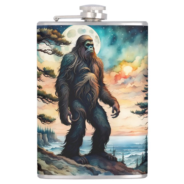 Sasquatch Standing on Ridge overlooking the Ocean Hip Flask (Front)