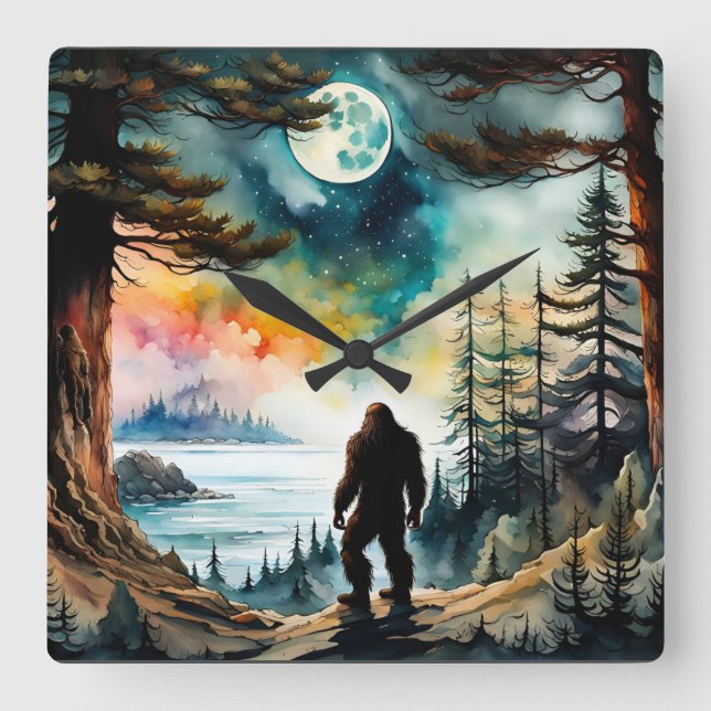 Sasquatch Standing on Ridge overlooking the Ocean Square Wall Clock (Front)
