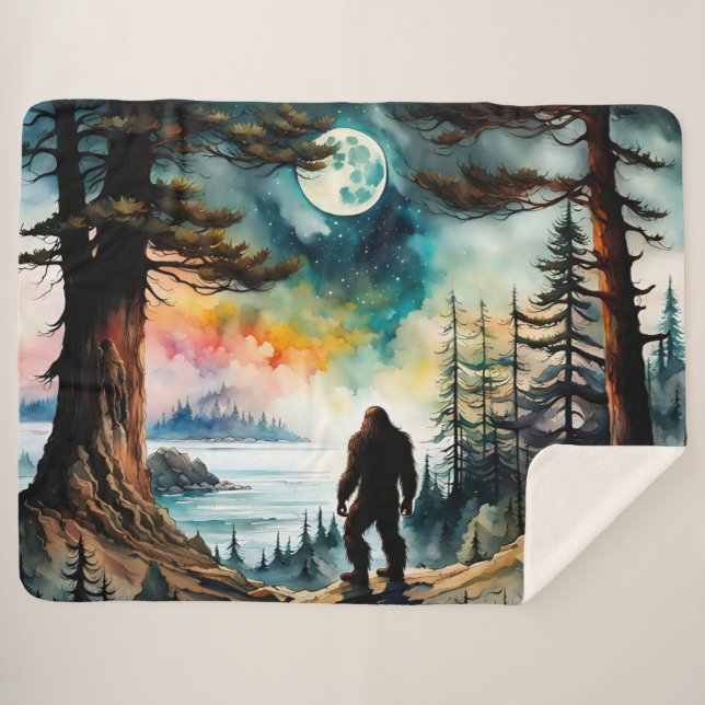 Sasquatch Standing under the Moonlight Sherpa Blanket (Front (Horizontal))