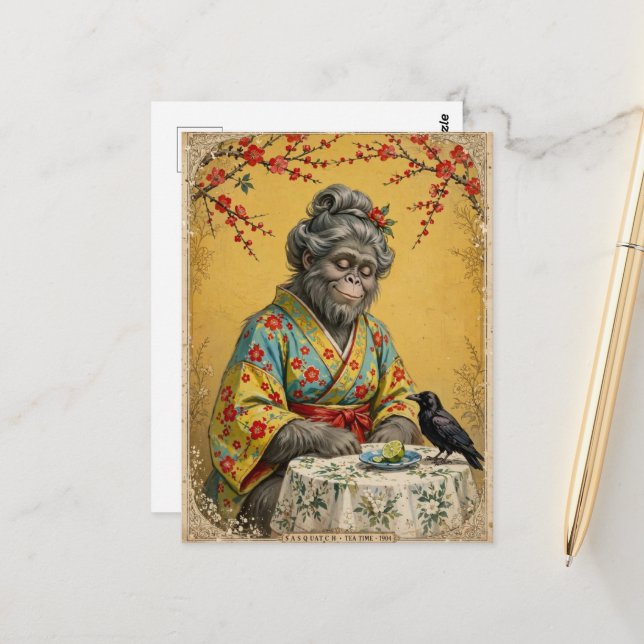 Sasquatch Tea Time With A Crow Postcard (Front/Back In Situ)