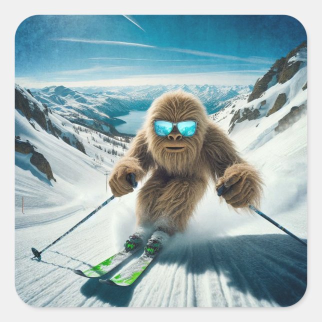 Sasquatch the Skier Square Sticker (Front)