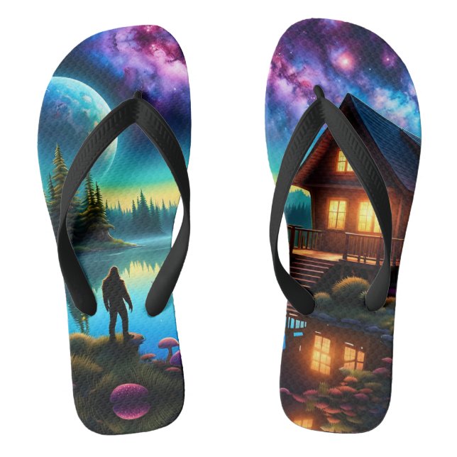 Sasquatch Watching nebulas on a distant planet Flip Flops (Footbed)