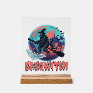 Sasqwitch Bigfoot Witch Broom Black Cat Moon Hallo Acrylic Sign