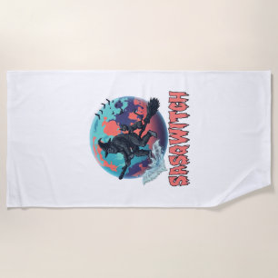 Sasqwitch Bigfoot Witch Broom Black Cat Moon Hallo Beach Towel