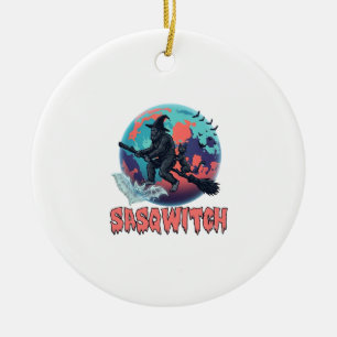 Sasqwitch Bigfoot Witch Broom Black Cat Moon Hallo Ceramic Tree Decoration