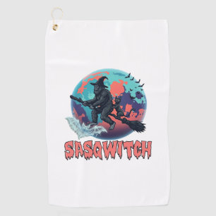 Sasqwitch Bigfoot Witch Broom Black Cat Moon Hallo Golf Towel