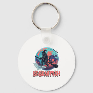 Sasqwitch Bigfoot Witch Broom Black Cat Moon Hallo Key Ring