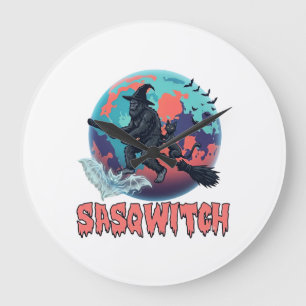 Sasqwitch Bigfoot Witch Broom Black Cat Moon Hallo Large Clock
