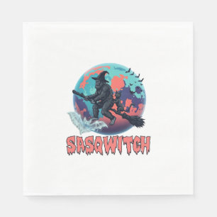 Sasqwitch Bigfoot Witch Broom Black Cat Moon Hallo Napkin