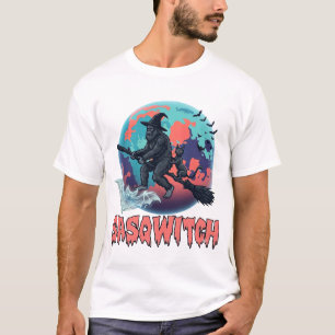 Sasqwitch Bigfoot Witch Broom Black Cat Moon Hallo T-Shirt
