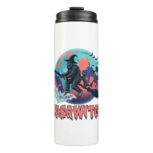 Sasqwitch Bigfoot Witch Broom Black Cat Moon Hallo Thermal Tumbler
