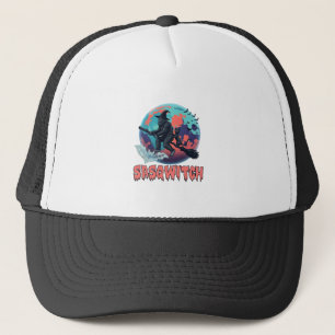 Sasqwitch Bigfoot Witch Broom Black Cat Moon Hallo Trucker Hat