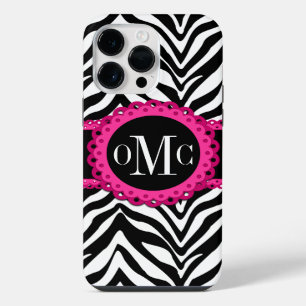 Sassy and Chic Zebra Print Pink Lace Monogram iPhone 14 Pro Max Case