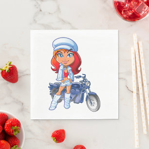 Sassy Biker Girl with Red Hair and Motorcycle Napkin