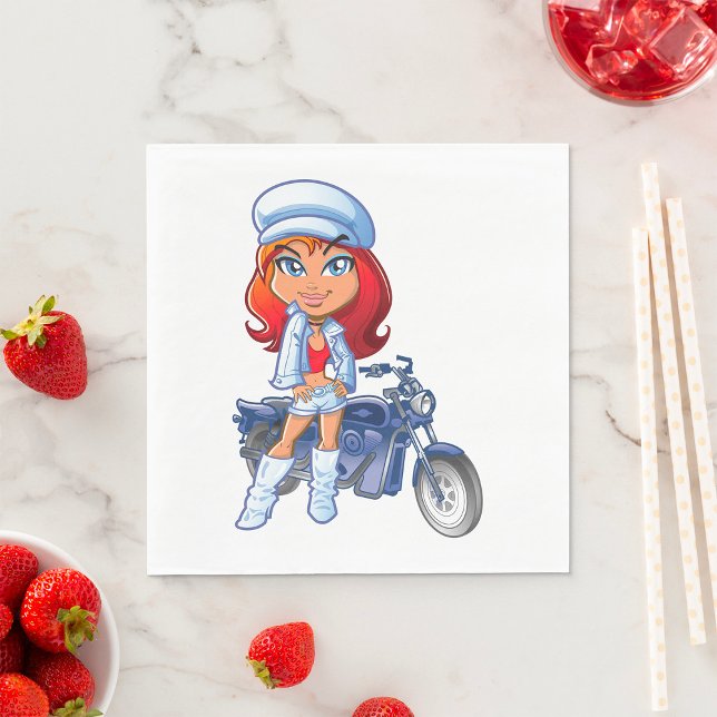 Sassy Biker Girl with Red Hair and Motorcycle  Napkin (Creator Uploaded)