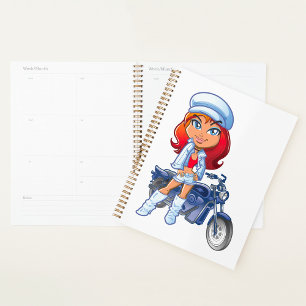 Sassy Biker Girl with Red Hair and Motorcycle Planner