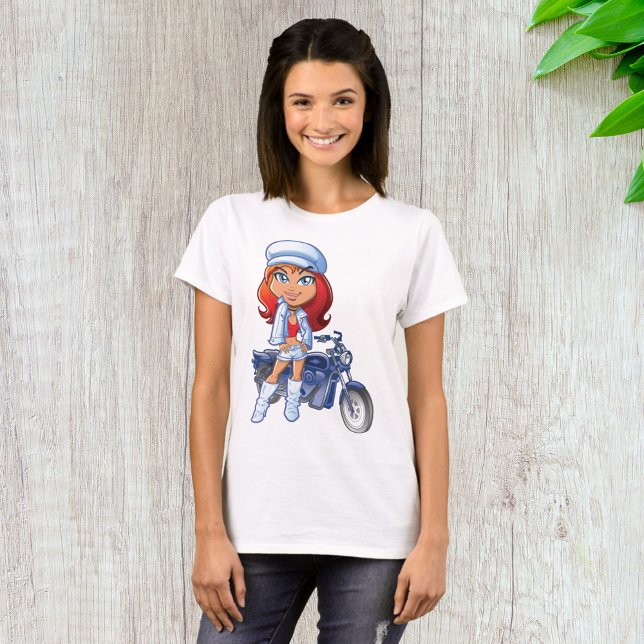 Sassy Biker Girl with Red Hair and Motorcycle  T-Shirt (Creator Uploaded)