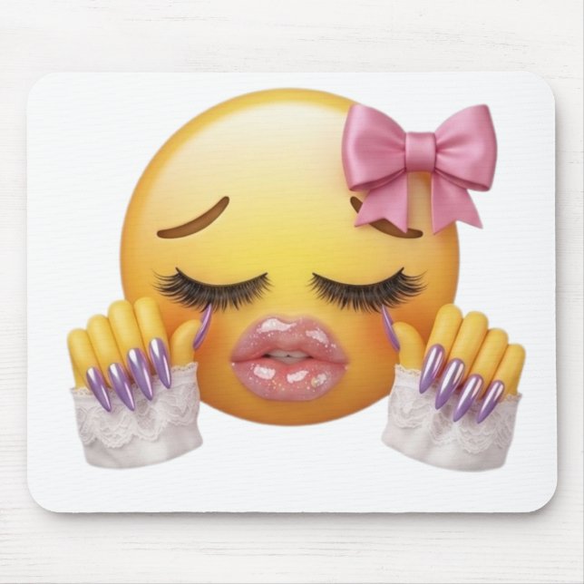 Sassy Blushing Emoji with Pink Bow & Long Nails  Mouse Mat (Front)