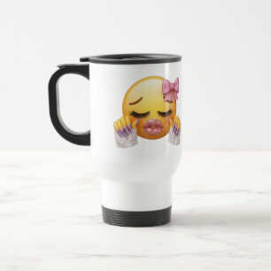 Sassy Blushing Emoji with Pink Bow & Long Nails Travel Mug