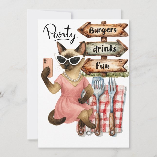 Sassy Cat Selfie at Party Invitation  (Front)