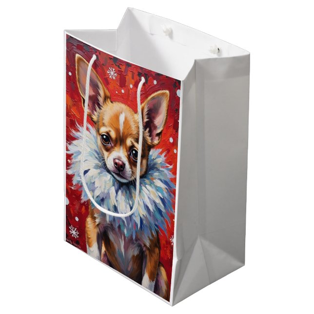 Sassy Chihuahua Dog in Fluffy Winter Fur Collar Medium Gift Bag (Front Angled)