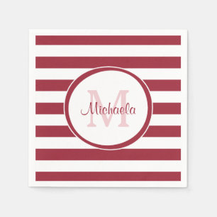 Sassy Deep Red Even Stripes With Name and Monogram Napkin