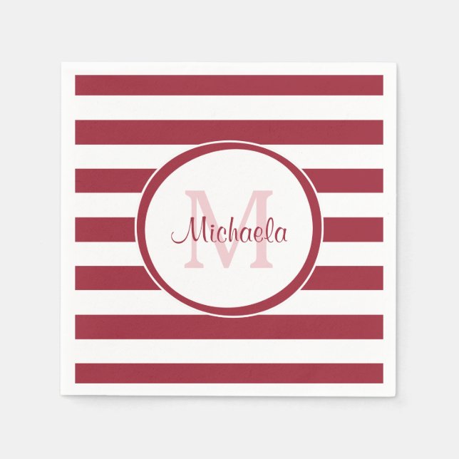 Sassy Deep Red Even Stripes With Name and Monogram Napkin (Front)
