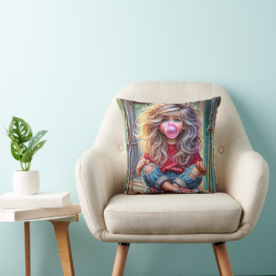 Sassy Girl Blowing Pink Bubblegum Bubbles Cushion