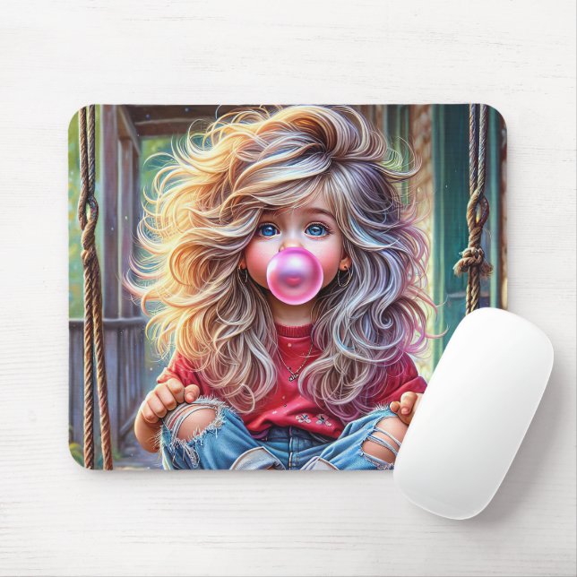 Sassy Girl Blowing Pink Bubblegum Bubbles Mouse Mat (With Mouse)