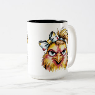 Sassy Grumpy Hen Yellow Bow Messy Hair Funny Two-Tone Coffee Mug
