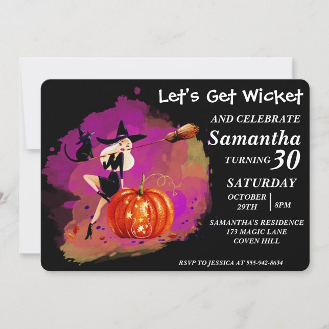 Sassy Halloween Witch With Cat Birthday Invitation (Front)