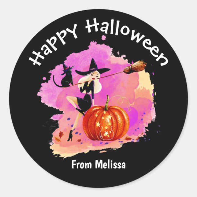 Sassy Halloween Witch With Cat Classic Round Stick Sticker (Front)