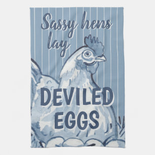 Sassy Hens Lay Deviled Eggs Funny Blue Chicken Art Tea Towel