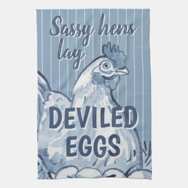 Sassy Hens Lay Deviled Eggs Funny Blue Chicken Art Tea Towel (Vertical)