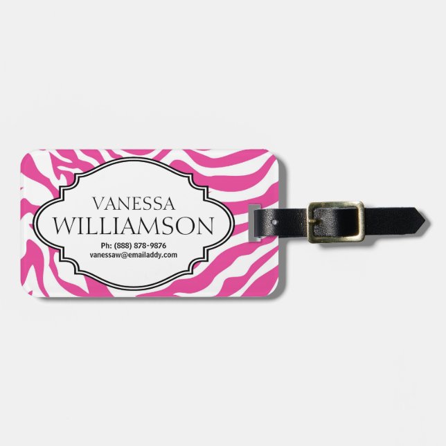 Sassy  HOT Pink Personalised Zebra Print Bag Tag (Front Horizontal)