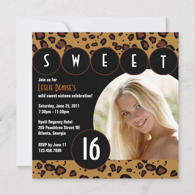 Sassy Leopard Sweet Sixteen Photo Invite [Brown] (Front)