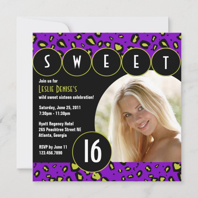 Sassy Leopard Sweet Sixteen Photo Invite [Purple] (Front)