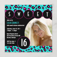 Sassy Leopard Sweet Sixteen Photo Invite [Teal]
