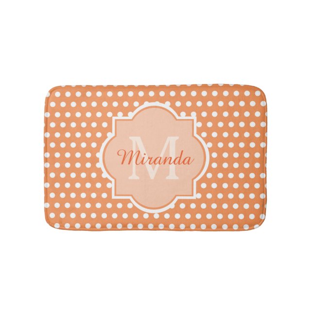 Sassy Orange Polka Dots Monogram With Name Bath Mat (Front)