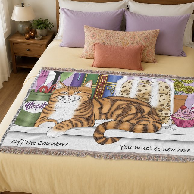 Sassy Orange Tabby Kitchen Counter Top Cat Funny Throw Blanket (Creator Uploaded)
