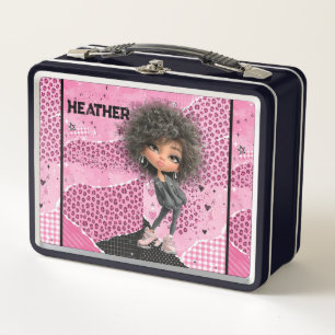 Sassy Pink Afro Girl Personalised Metal Lunchbox