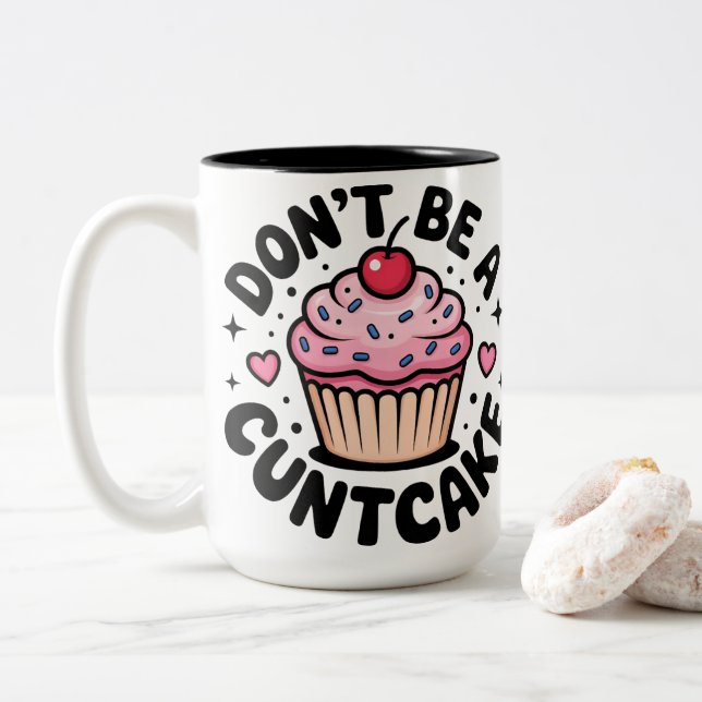 Sassy Pink Cupcake Snarky Humorous Design Two-Tone Coffee Mug (With Donut)